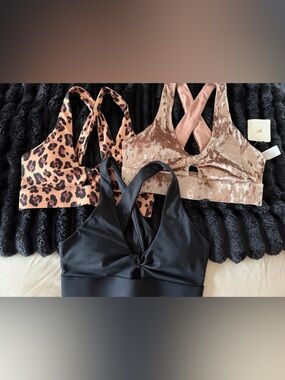 Fabletics Leopard, Blush Velvet & Black Crisscross Sports Bras - 3 Pack